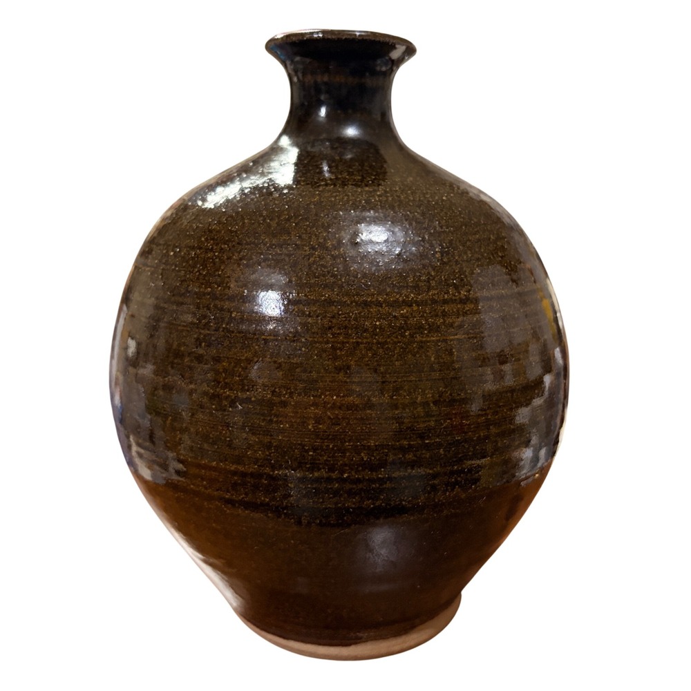 Studio Pottery Vase 8.5" Wabi Sabi Signed Dated 1976 Tenmoku Glaze Bulbous Boho
